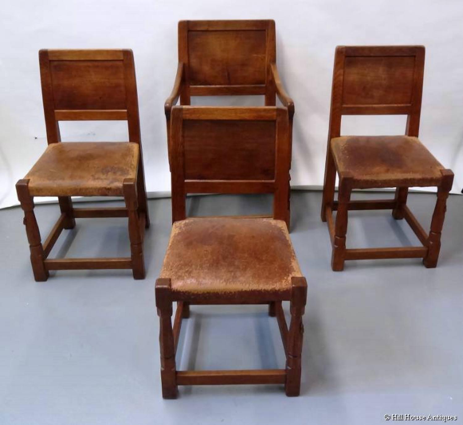 Rare early Mouseman set of 4 dining chairs