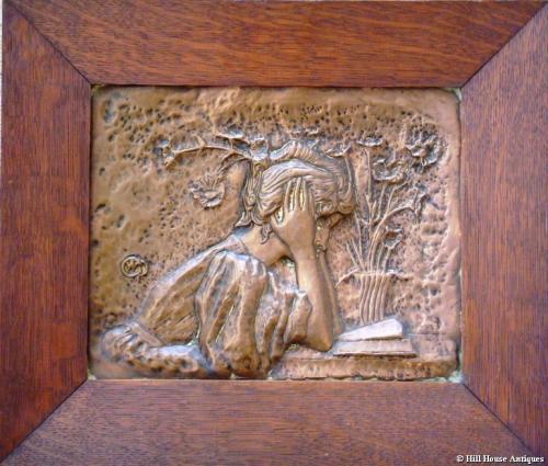 Rare Alexandre Charpentier oak framed Arts & Crafts copper plaque
