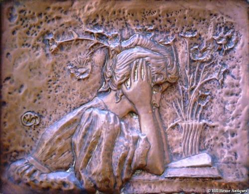 Rare Alexandre Charpentier oak framed Arts & Crafts copper plaque
