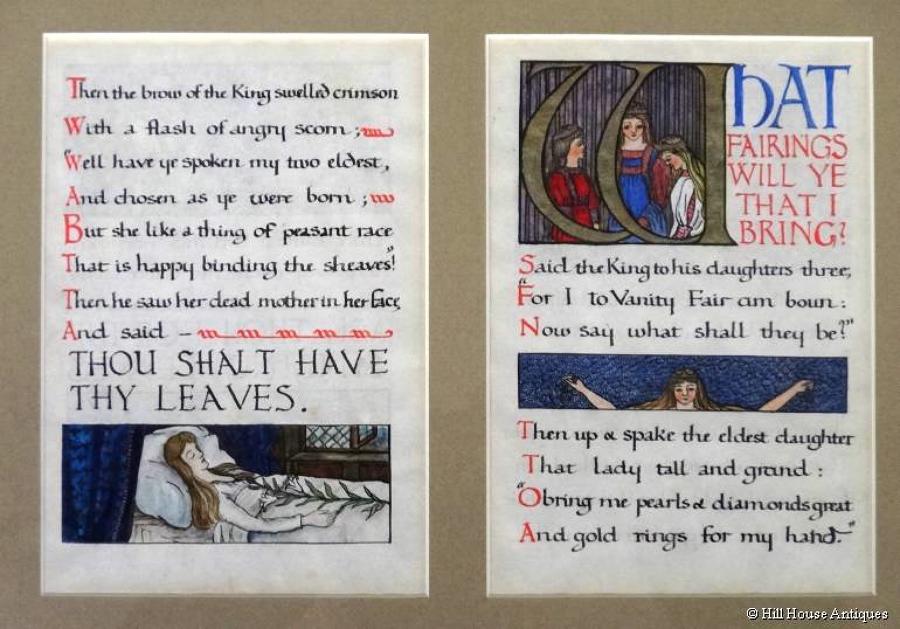 Pair double sided Arts & Crafts Pre Raphaelite illuminated drawings