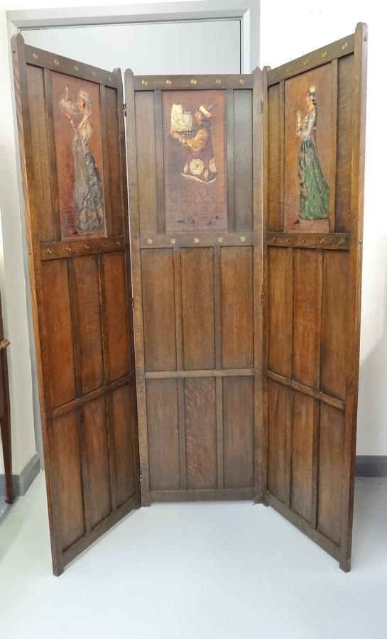 Rare WJ Neatby Arts & Crafts oak polychrome leather screen