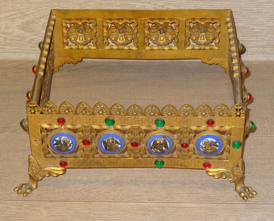 Gothic Revival bejewelled enamelled brass missal stand