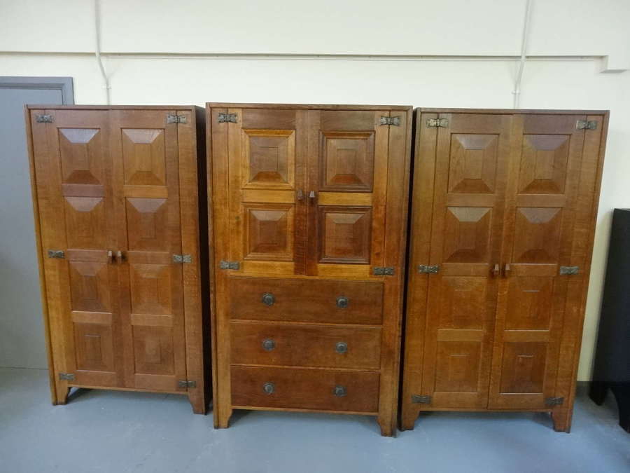 Rare Ernest Gimson set of 3 separate Cotswold School oak cabinets