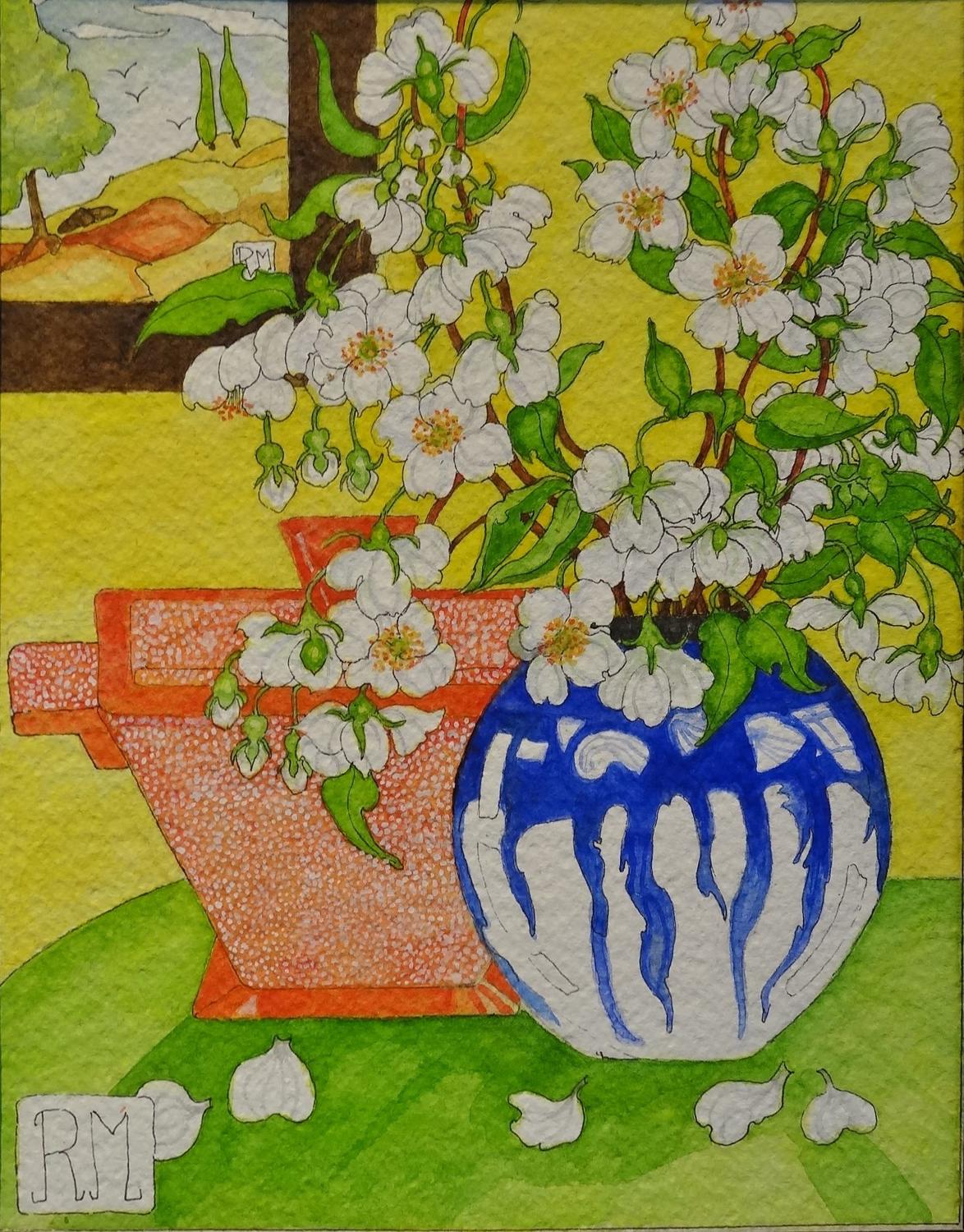 Rosemary Marshall watercolour - Philadelphus in 70's vase
