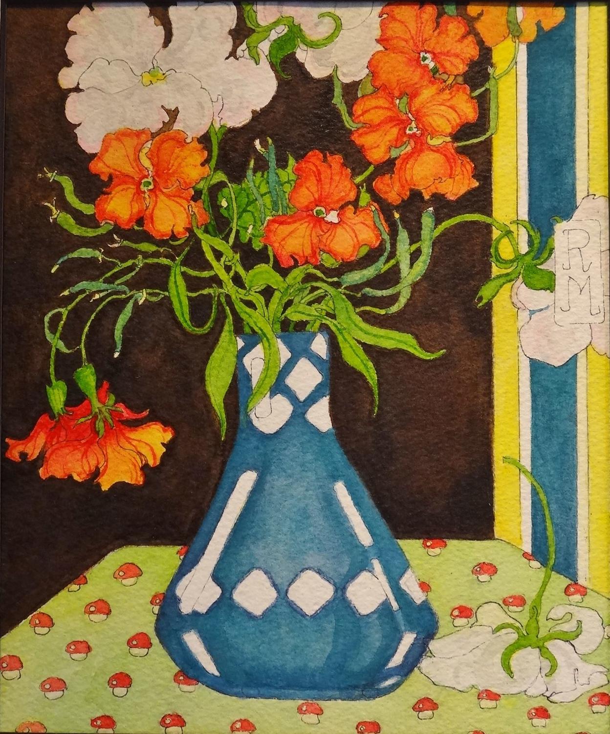 Rosemary Marshall watercolour - Wallflowers in 70's vase