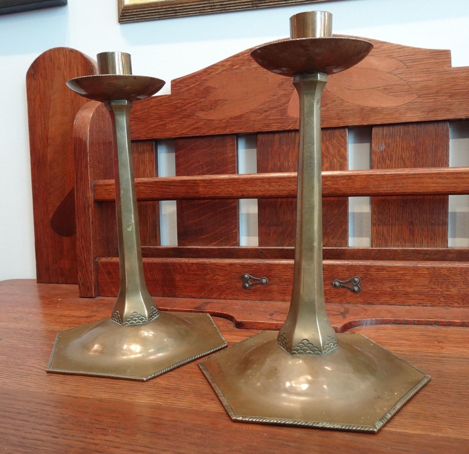 Rare pair of Ernest Gimson Cotswold School brass candlesticks