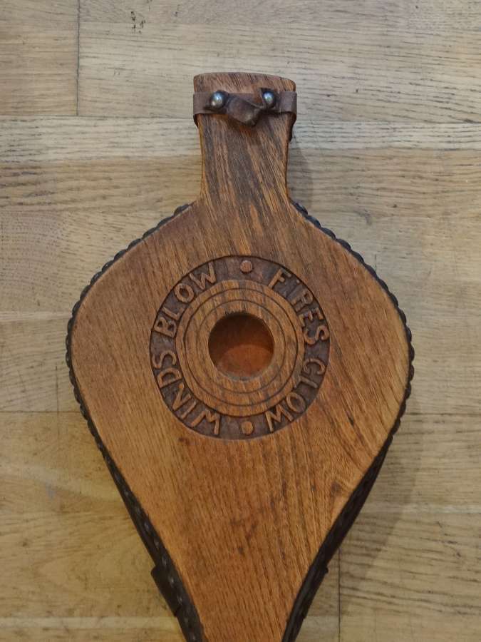 Arts & Crafts carved oak motto bellows