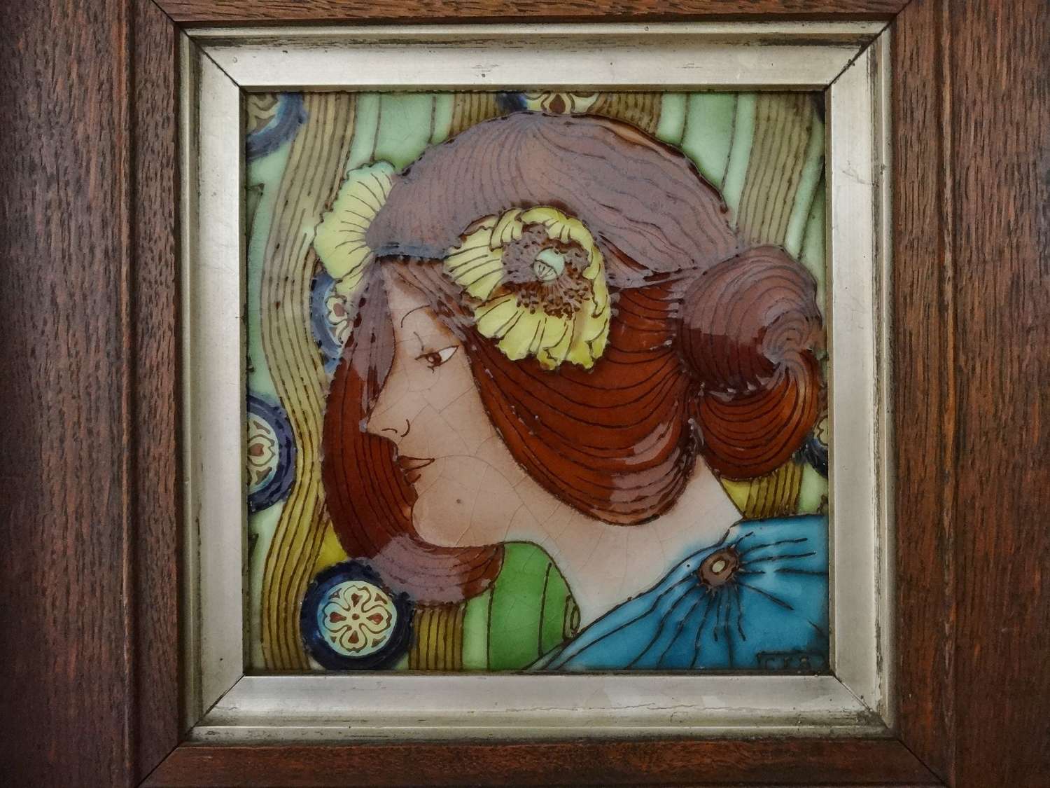 Art Nouveau framed portrait maiden tile
