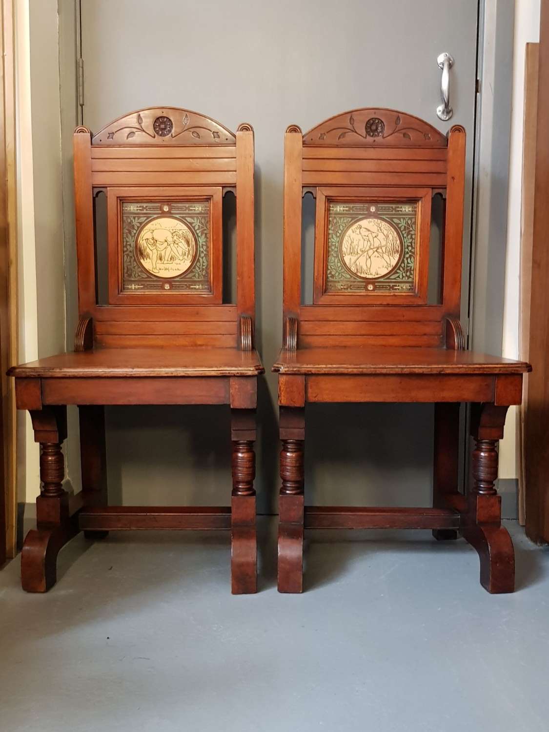 Pair of Aesthetic Movement Gothicky hall chairs John Moyr Smith