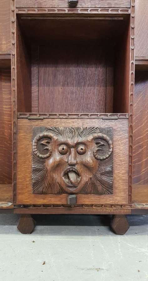 Unusual Irish Arts & Crafts Green Man Gargoyles oak cabinet bookcase