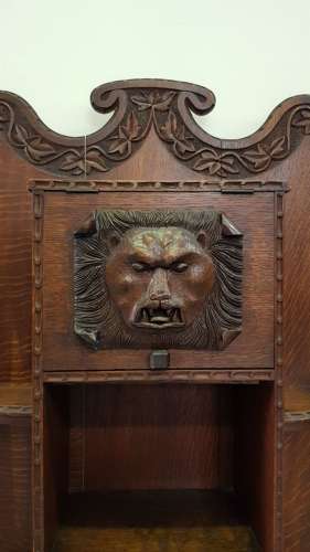 Unusual Irish Arts & Crafts Green Man Gargoyles oak cabinet bookcase