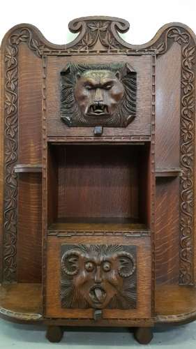 Unusual Irish Arts & Crafts Green Man Gargoyles oak cabinet bookcase