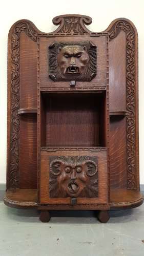 Unusual Irish Arts & Crafts Green Man Gargoyles oak cabinet bookcase