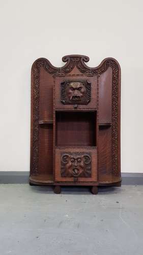Unusual Irish Arts & Crafts Green Man Gargoyles oak cabinet bookcase
