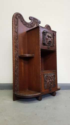 Unusual Irish Arts & Crafts Green Man Gargoyles oak cabinet bookcase