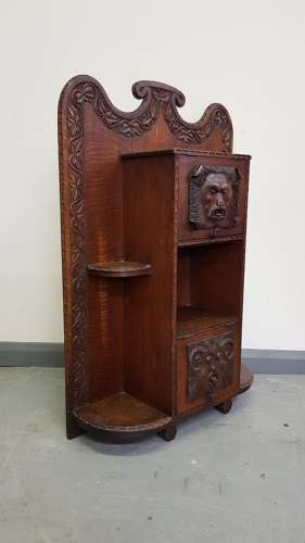 Unusual Irish Arts & Crafts Green Man Gargoyles oak cabinet bookcase