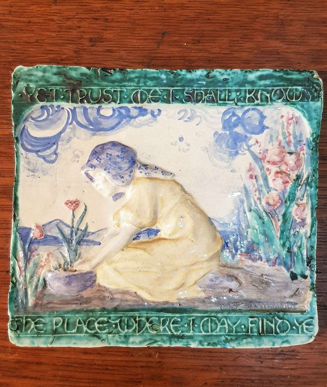Unusual Della Robbia style glazed pottery tile with motto