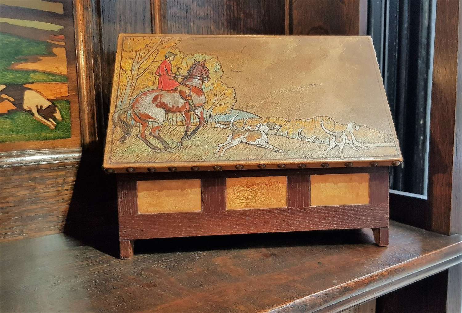 Arts & Crafts oak and leather stationery box Cecil Aldin