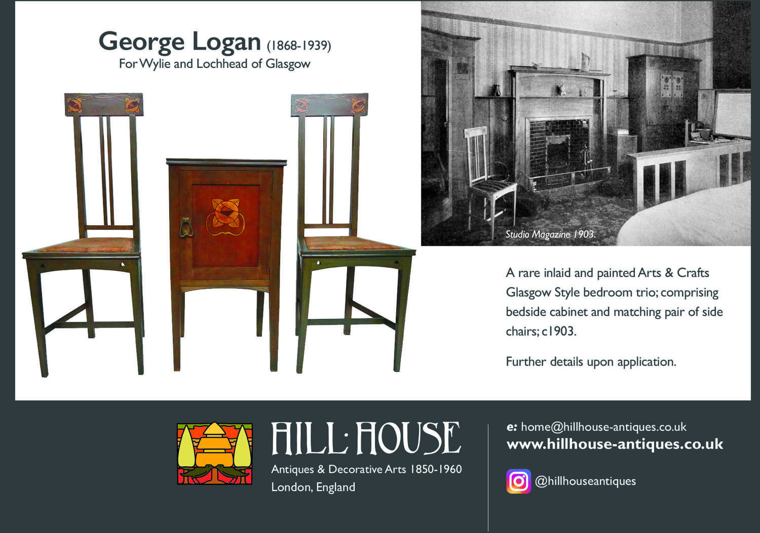 Rare George Logan Arts & Crafts Glasgow Style pair of chairs & cabinet