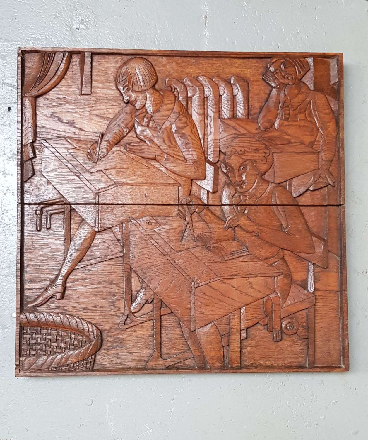Unusual Arts & Crafts/Art Deco Modernist carved oak panel 3 girls