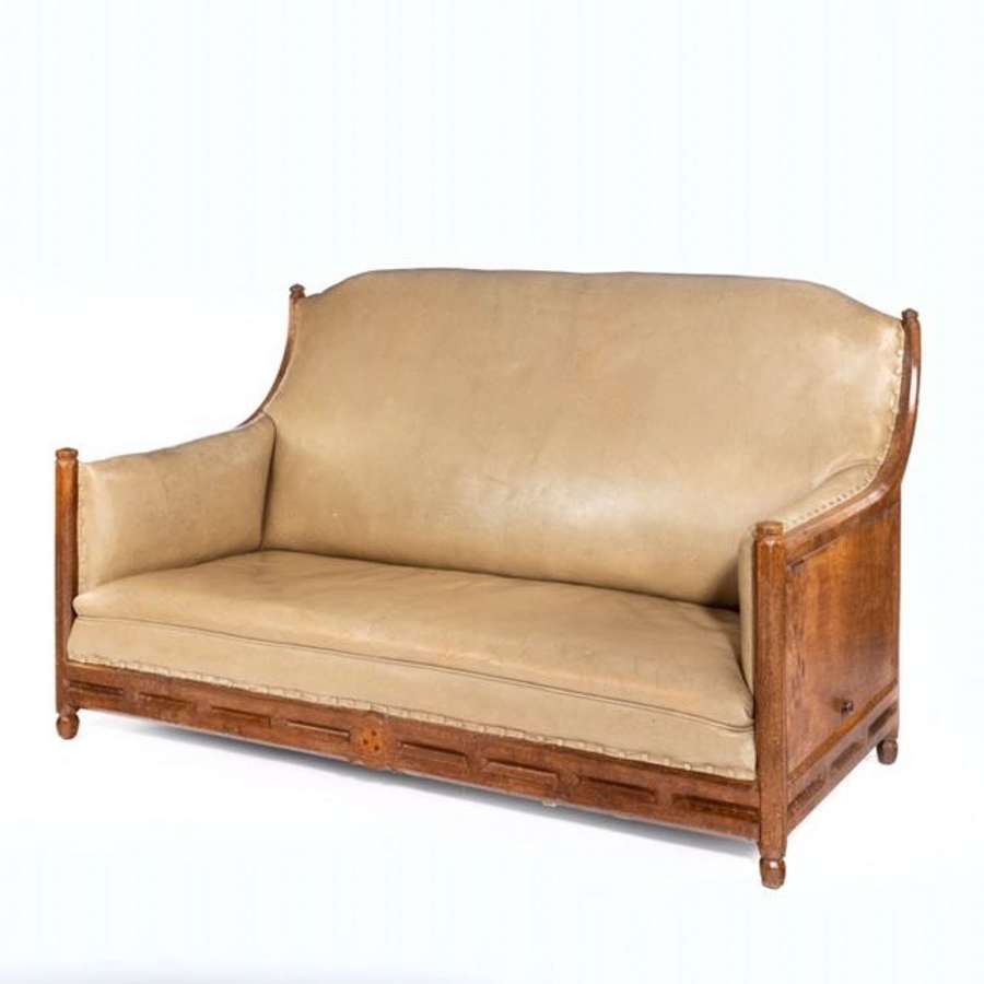 Rare Arthur Romney Green Cotswold School panelled oak & leather sofa
