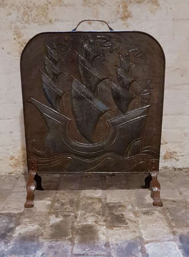 John Pearson Arts & Crafts patinated copper galleon firescreen