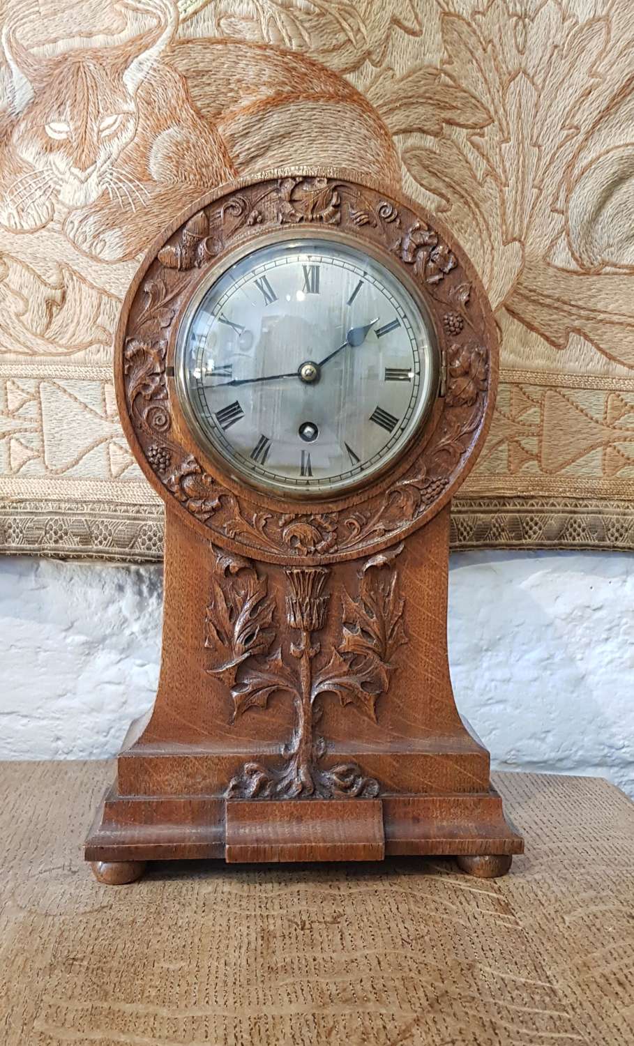 Glasgow Style John Crawford Arts & Crafts carved oak mantle clock
