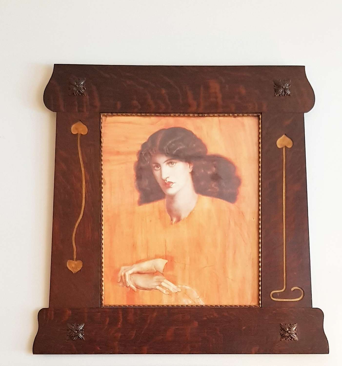 Art Nouveau carved oak gilded frame with Rossetti print