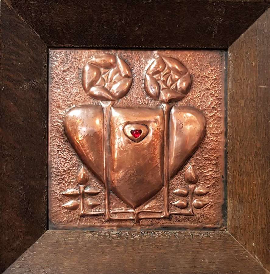 Rare Talwin Morris Glasgow Style oak framed copper bejewelled panel