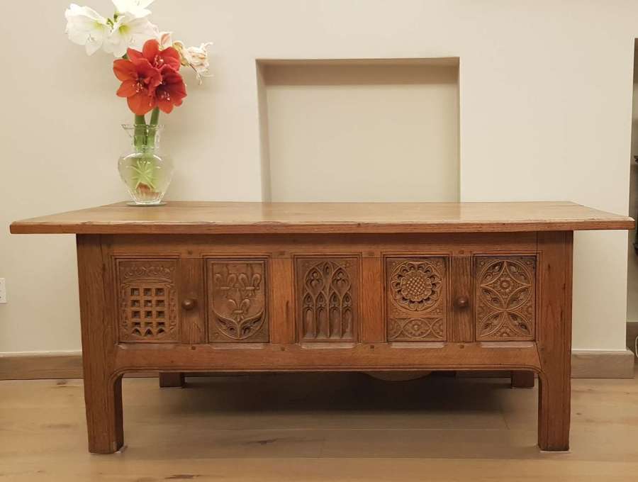 Liberty & Co Arts & Crafts Gothic Revival Carved oak low table chest