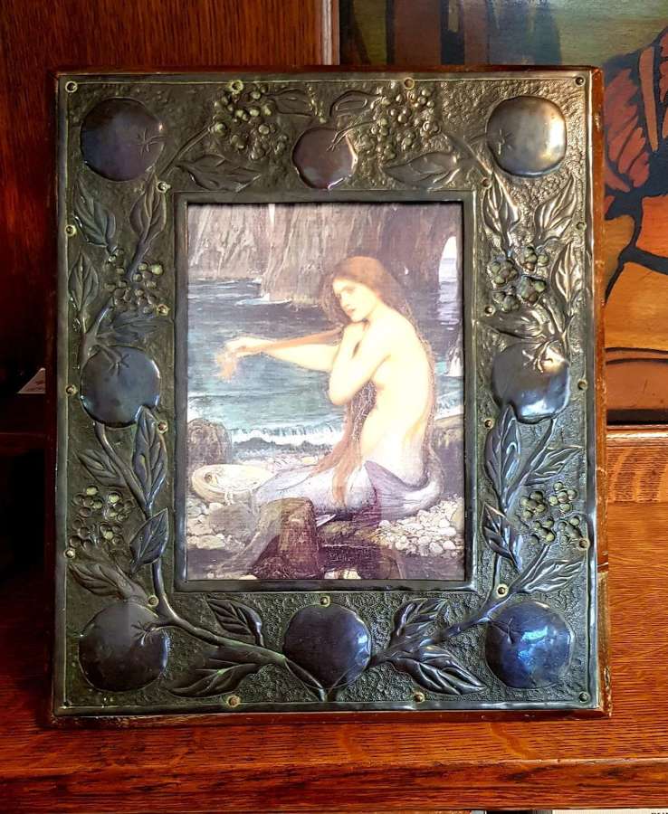 Arts & Crafts repousse copper easel photo frame mermaid print