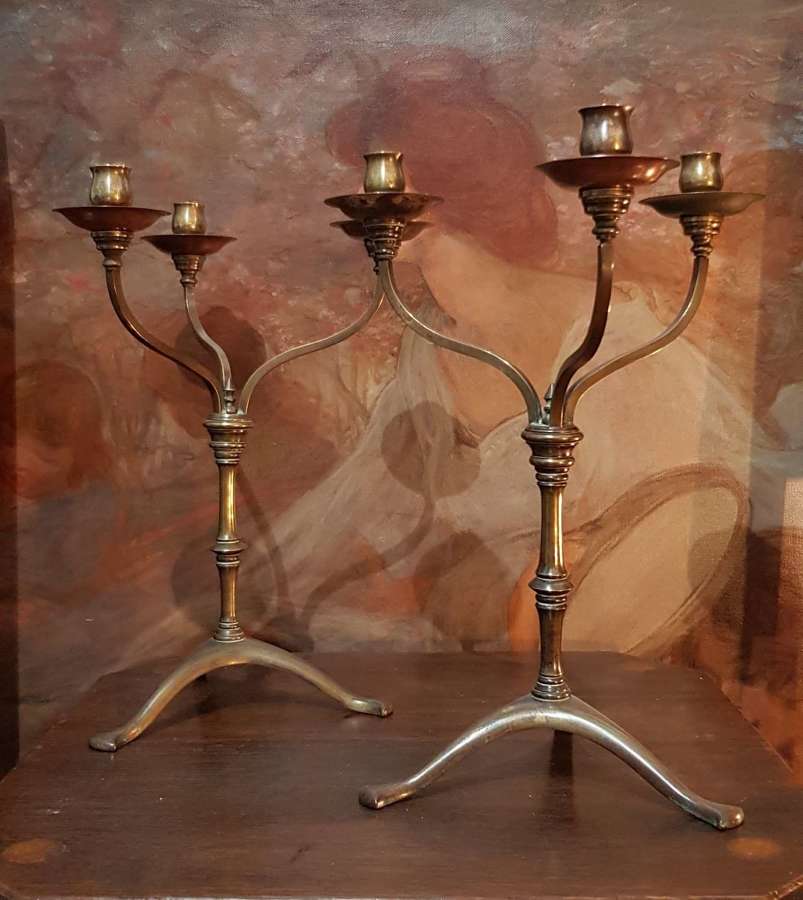 Pair Arts & Crafts Art Nouveau WAS Benson copper & brass candelabras