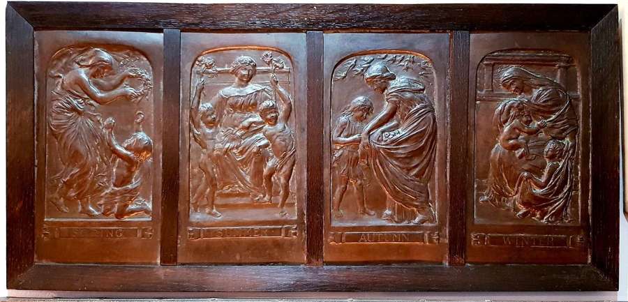 Four Seasons Arts & Crafts oak framed copper panels