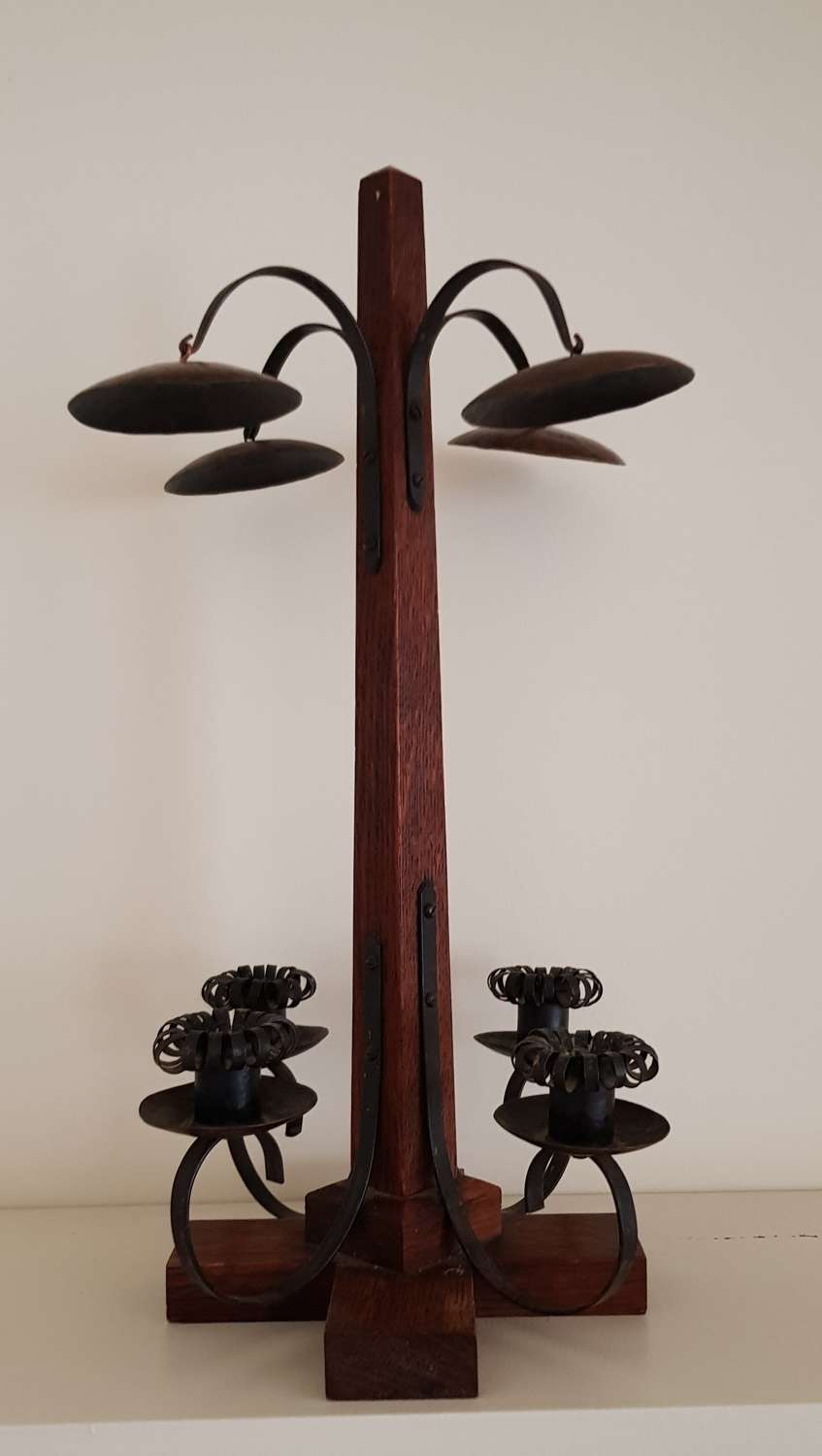 American Arts & Crafts Mission Charles Rohlfs oak & metal candelabra
