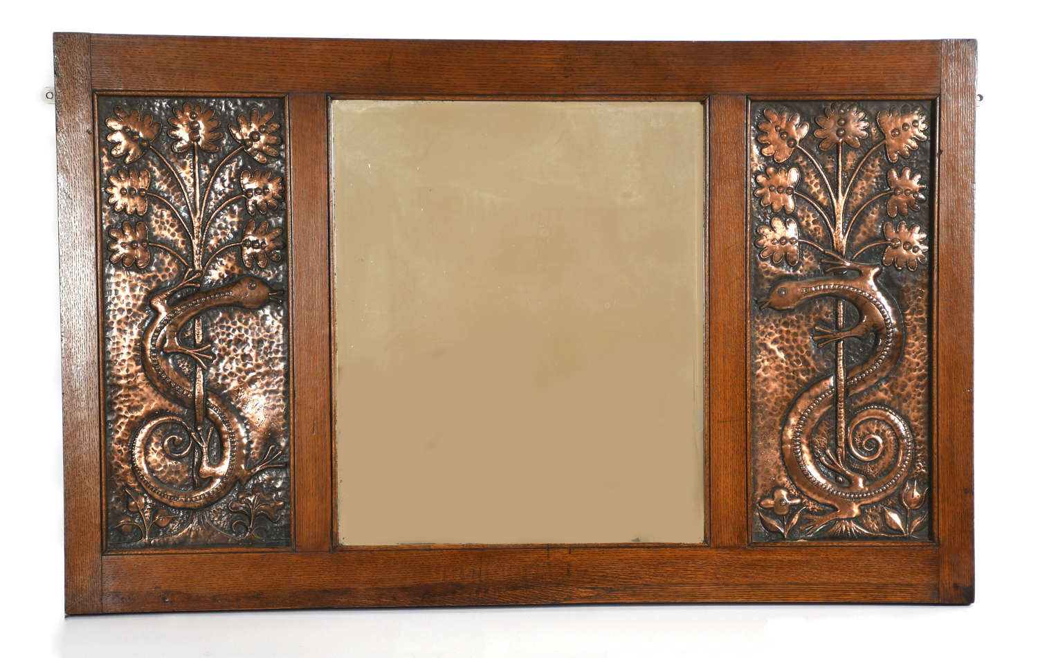 Rare John Pearson Arts & Crafts large oak and copper beastie mirror