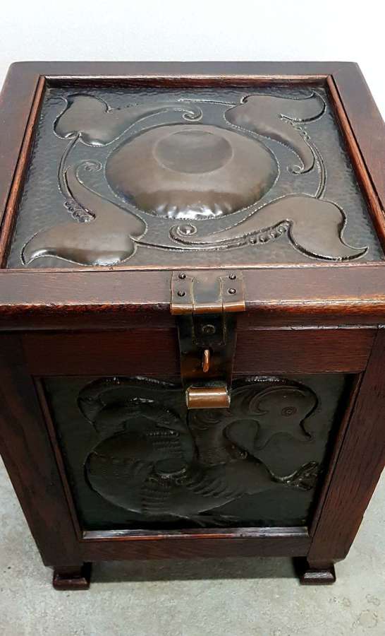 Rare John Pearson Arts & Crafts oak and copper coal box