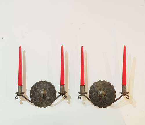 Arts & Crafts Cotswold School pair steel wall lights manner of Gimson