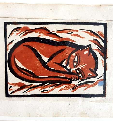 German Expressionist woodblock of a cat Georg Schrimpf