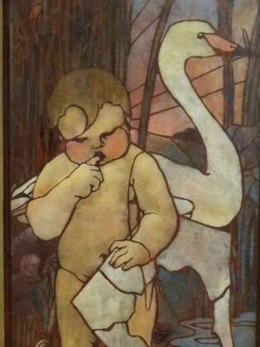 Rare Arts & Crafts 3 large painted panels of episodes from Peter Pan
