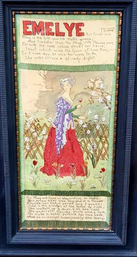 Arts & Crafts silkwork panel of Emelye from Chaucer's Canterbury Tales