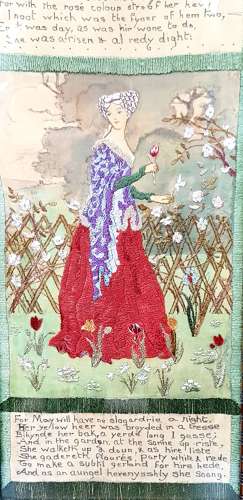 Arts & Crafts silkwork panel of Emelye from Chaucer's Canterbury Tales