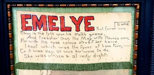 Arts & Crafts silkwork panel of Emelye from Chaucer's Canterbury Tales