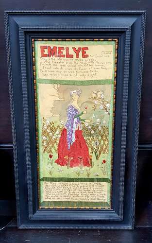 Arts & Crafts silkwork panel of Emelye from Chaucer's Canterbury Tales