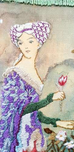 Arts & Crafts silkwork panel of Emelye from Chaucer's Canterbury Tales