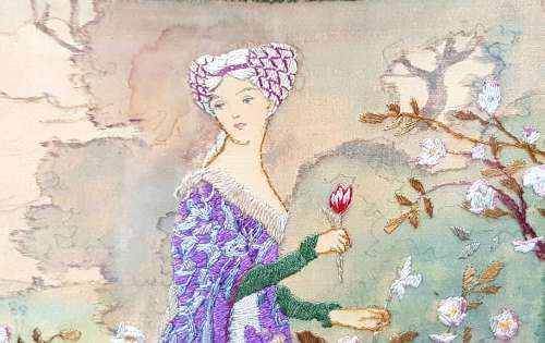 Arts & Crafts silkwork panel of Emelye from Chaucer's Canterbury Tales