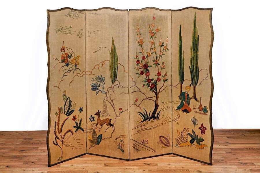 1930s Royal School of Needlework Art Deco Persian 4 panel decorative screen