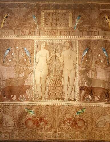 Rare Morris & Co style large Arts & Crafts Secessionist needlework hanging Adam & Eve