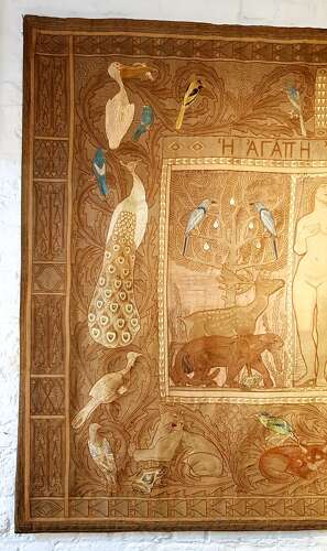 Rare Morris & Co style large Arts & Crafts Secessionist needlework hanging Adam & Eve