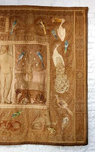 Rare Morris & Co style large Arts & Crafts Secessionist needlework hanging Adam & Eve