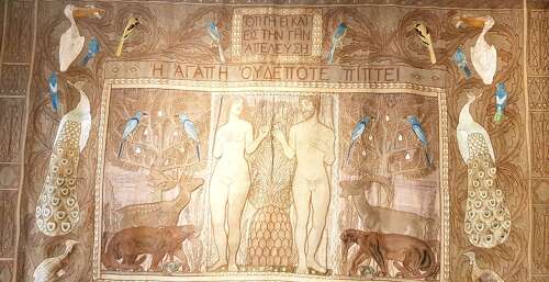 Rare Morris & Co style large Arts & Crafts Secessionist needlework hanging Adam & Eve